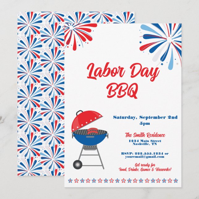 Labor Day Party BBQ Patriotic Red White Blue Invitation (Front/Back)