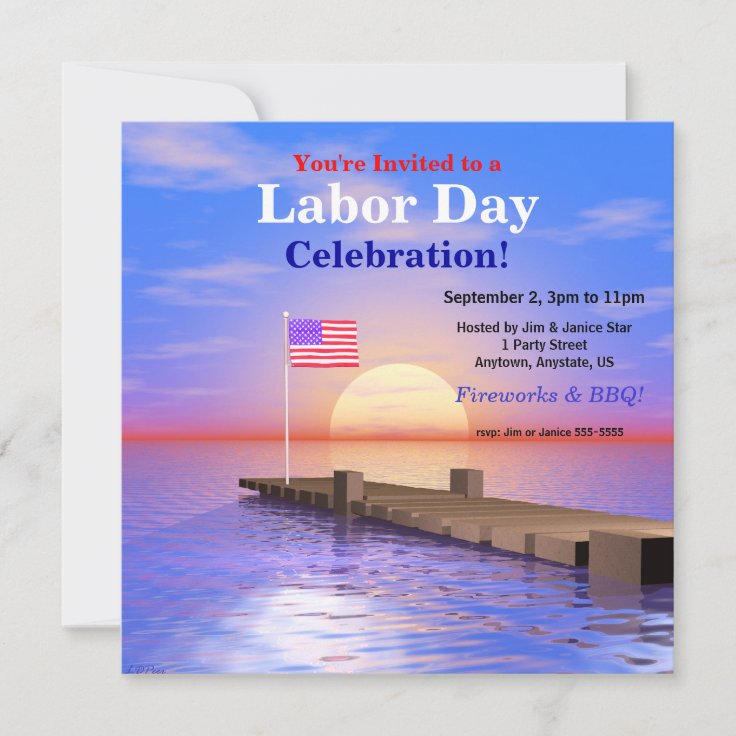 Labor Day Party US Flag on Dock Invitation Zazzle