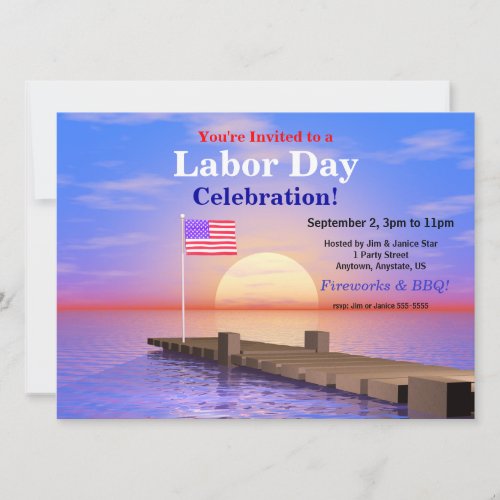 Labor Day Party US Flag on Dock Invitation