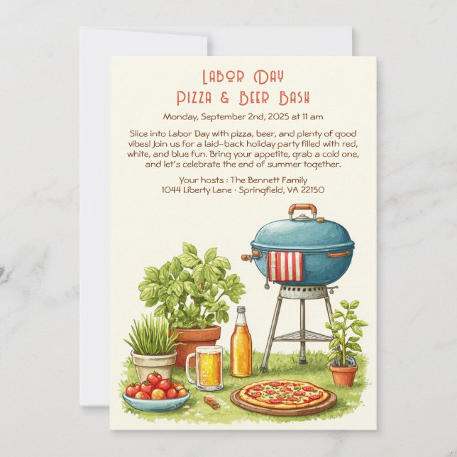 Labor Day Pizza & Beer Invitation – Patriotic   (Front)