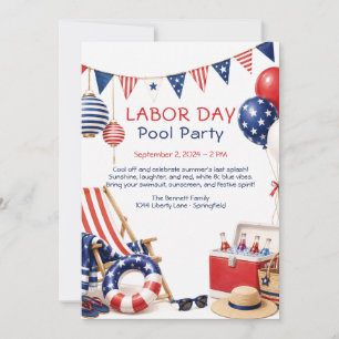Labor Day Pool Party Red White and Blue Invitation