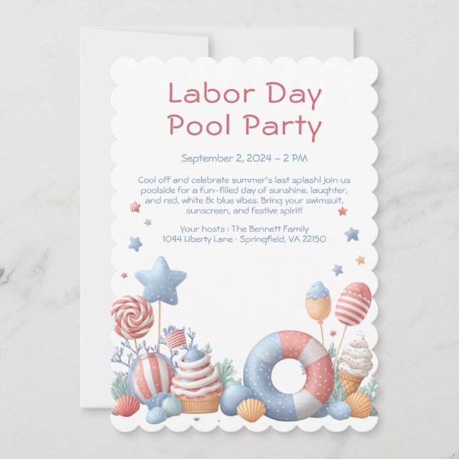 Labor Day Pool Party Red White and Blue Invitation (Front)