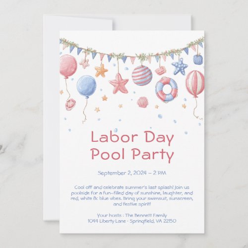 Labor Day Pool Party Red White and Blue Invitation