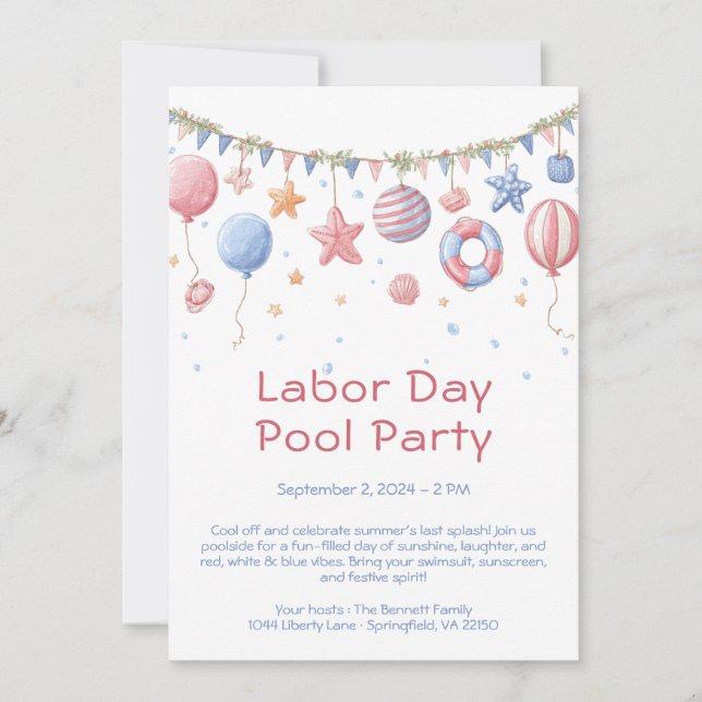 Labor Day Pool Party Red White and Blue Invitation (Front)