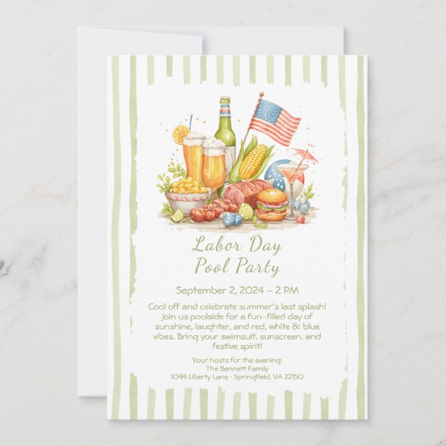 Labor Day Pool Party Red White and Blue Invitation (Front)
