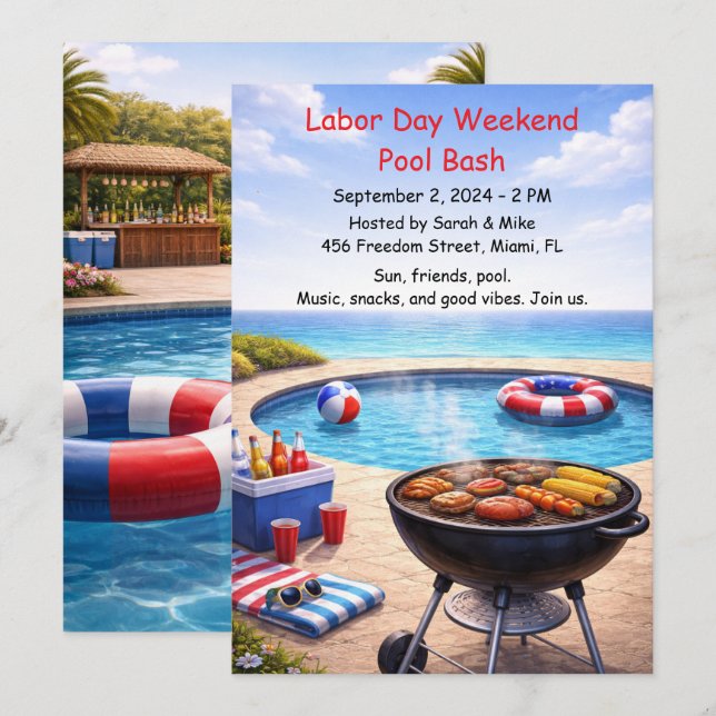 Labor Day Pool Party Red White and Blue Invitation (Front/Back)