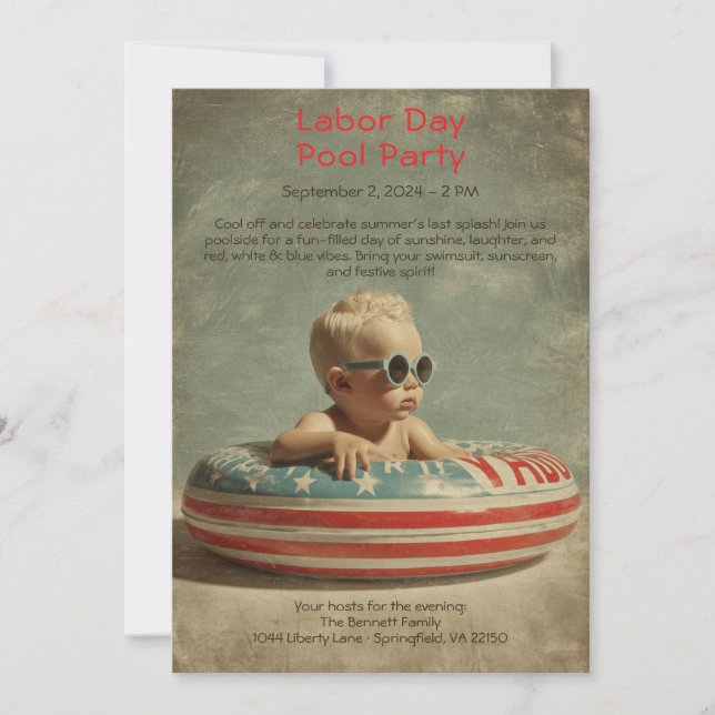 Labor Day Pool Party Red White and Blue Invitation (Front)