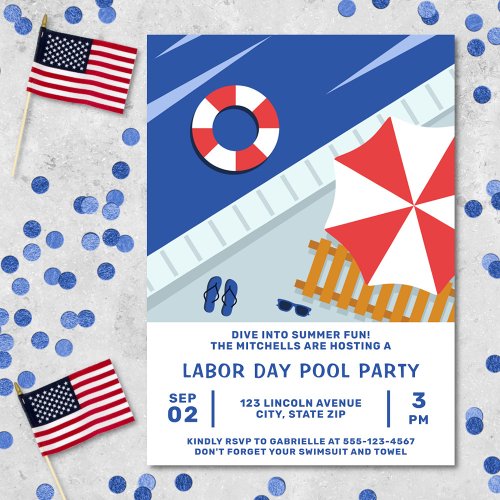 Labor Day Pool Party Red White  Blue Invitation