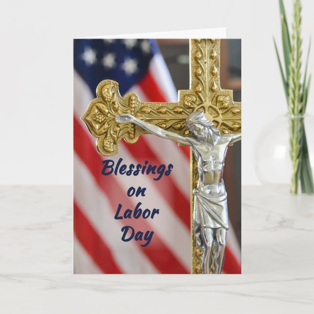 Labor Day Religious Patriotic Cross and Flag Card (Front)