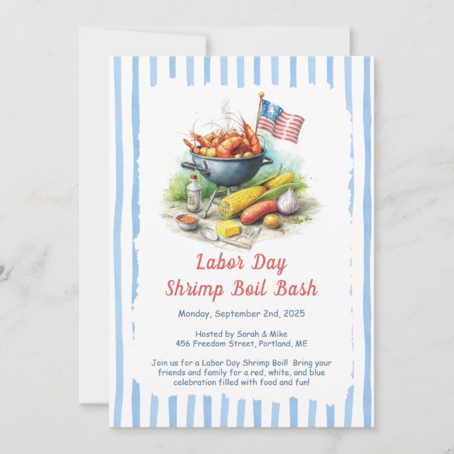 Labor Day Shrimp Boil Invitation – Patriotic Sea (Front)
