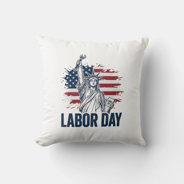 Labor Day Statue of Liberty Patriotic Worker Desig Throw Pillow (Front)