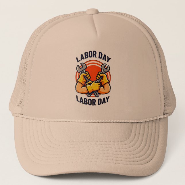 Labor Day Strong Worker Hands Tools Design Trucker Hat (Front)