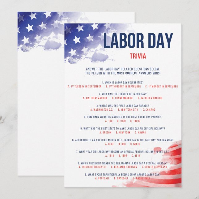 Labor Day Trivia Game USA Quiz Red White & Blue (Front/Back)