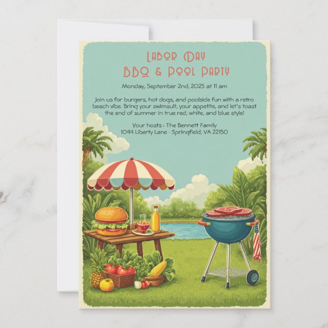 Labor Day Vintage BBQ & Pool Party Invitation  (Front)