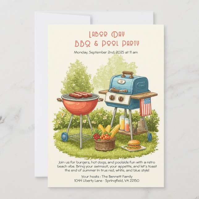 Labor Day Vintage BBQ & Pool Party Invitation  (Front)
