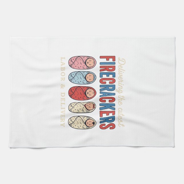 Labor & Delivery Firecrackers Cute Baby Nurse Desi Kitchen Towel (Horizontal)