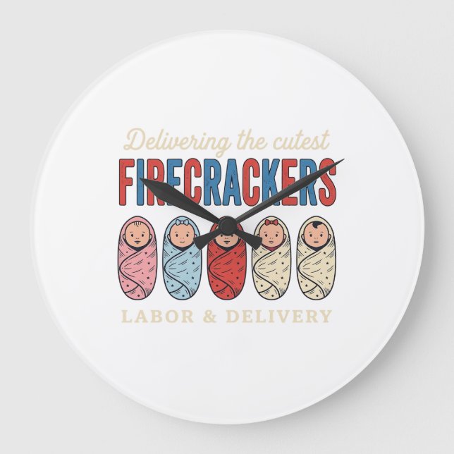 Labor & Delivery Firecrackers Cute Baby Nurse Desi Large Clock (Front)