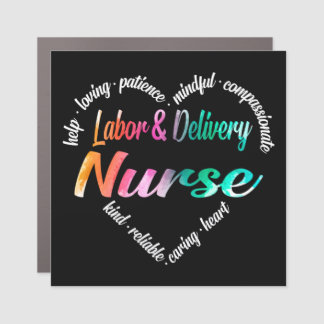 Labor & Delivery Nurse Heart Word Cloud Watercolor Car Magnet