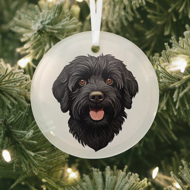 Labradoodle Black Dog Glass Ornament (Insitu)