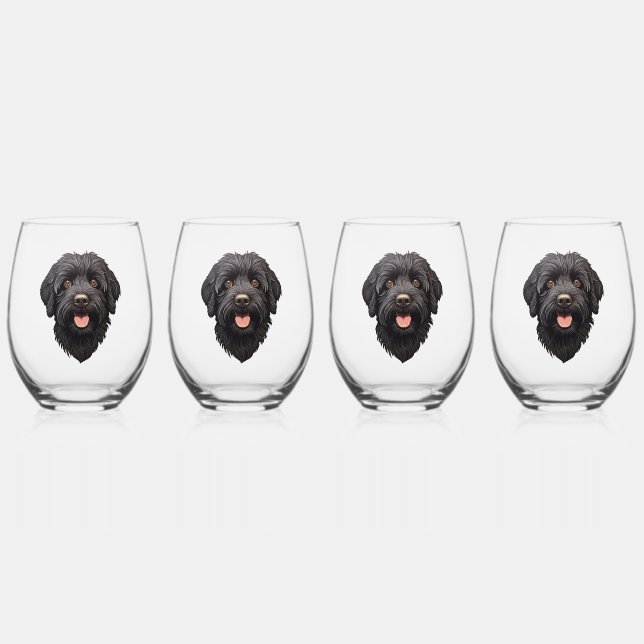 Labradoodle Black Dog Stemless Wine Glass (Front)