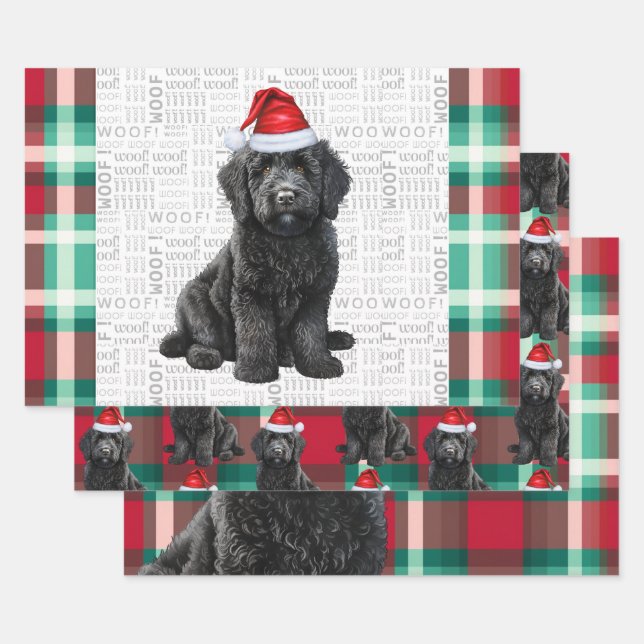 Labradoodle Christmas Dog Red and Green Plaid Wrapping Paper Sheets (Set)