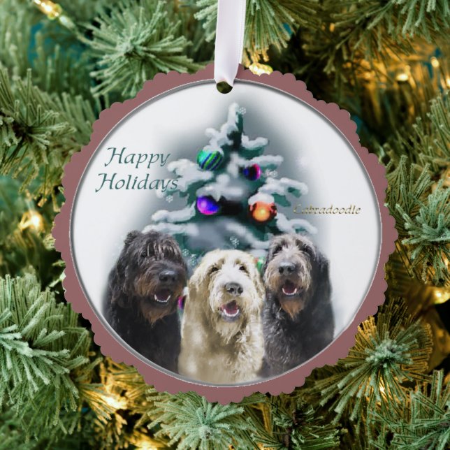 Labradoodle Christmas Gifts Ornament Card (Insitu (Tree))