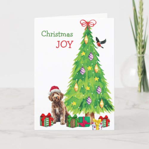 Labradoodle Dog Bird and Christmas Tree Holiday Card