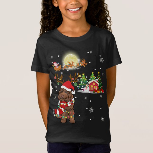 Labradoodle Dog Light Christmas Reindeer Tree Xmas T-Shirt (Front)