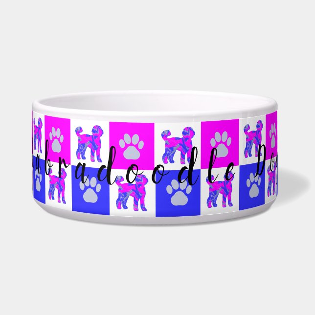 Labradoodle Dog & Paw Hot Pink and Blue Bowl (Front)