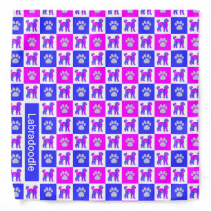 Labradoodle Dog & Paw Hot Pink & Blue Grid Bandana