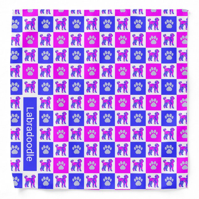Labradoodle Dog & Paw Hot Pink & Blue Grid Bandana (Front)