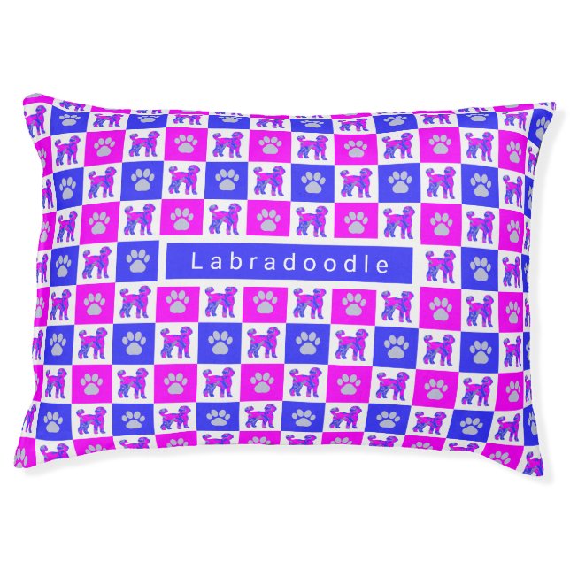Labradoodle Dog & Paw Pink & Blue Pet Bed (Front)