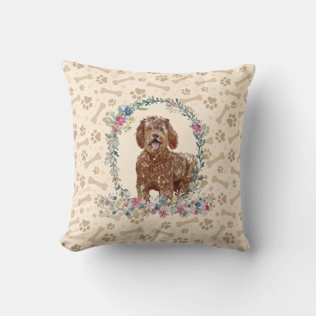 Labradoodle Dog Paw Print & Floral Cute Throw Pillow (Front)