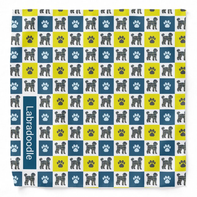 Labradoodle Dog & Paw Yellow & Blue Grid Bandana (Front)