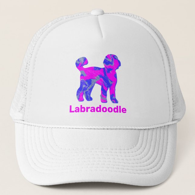 Labradoodle Dog Silhouette Hot Pink & Blue Trucker Hat (Front)