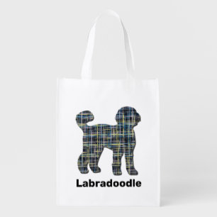Labradoodle Dog Silhouette Yellow & Blue Grid Line Grocery Bag