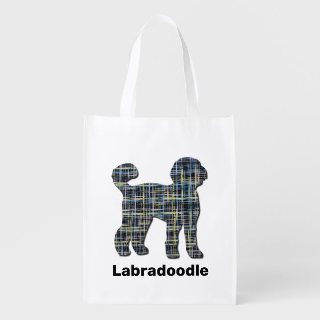 Labradoodle Dog Silhouette Yellow & Blue Grid Line Grocery Bag (Front)