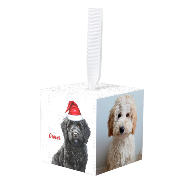 Labradoodle Dog Two Photo Christmas Holiday Cube Ornament (Front Angled)