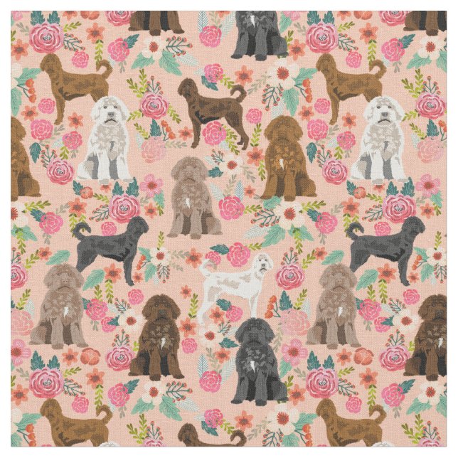 labradoodle dog vintage florals peach fabric (Close Up)