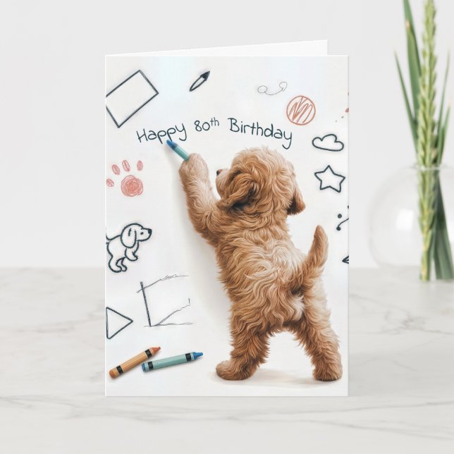 Labradoodle Doodling For 80th Birthday Card (Front)