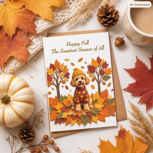 Labradoodle Family Dog Fall Leaves Greeting Card