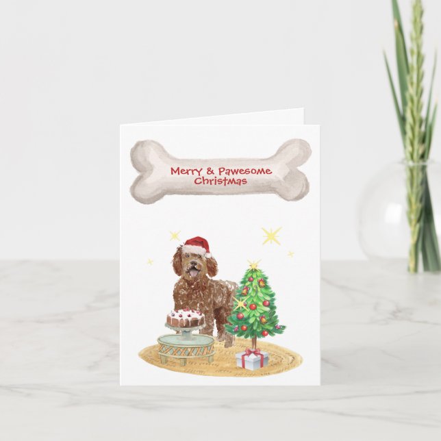 Labradoodle Santa Hat Christmas Tree Holiday Card (Front)