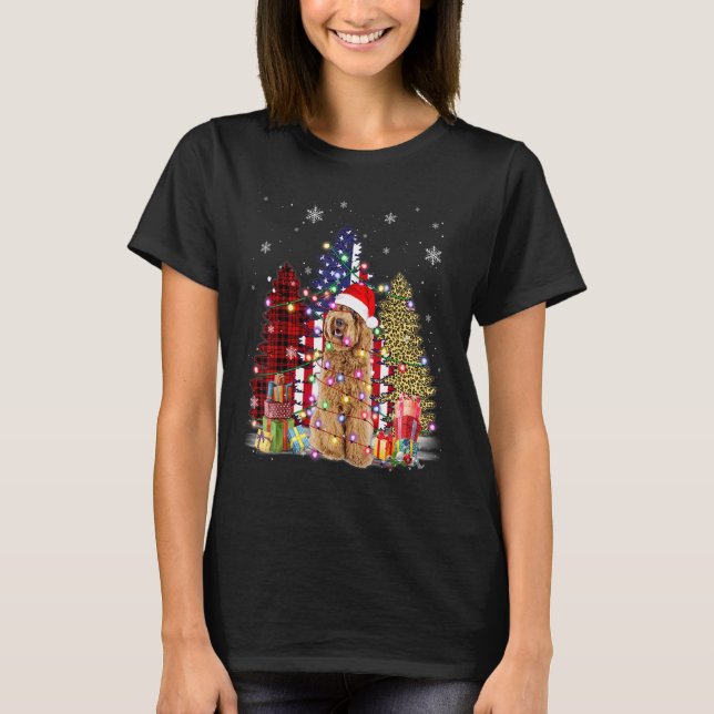 Labradoodle Santa Hat Light Buffalo Plaid Leopard  T-Shirt (Front)
