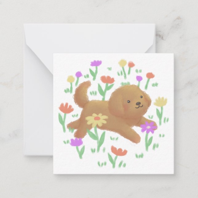 Labradoodle with Flowers Illustration Note Card (Front)