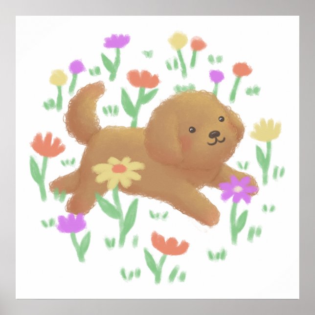 Labradoodle with Flowers Illustration Poster (Front)