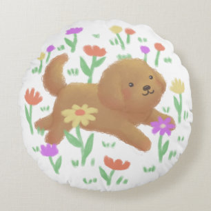 Labradoodle with Flowers Illustration Round Pillow