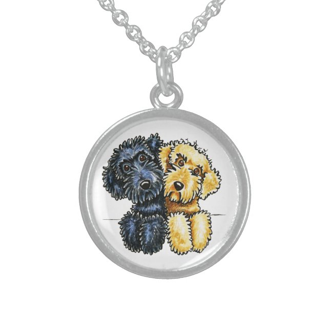 Labradoodles Black Yellow Lined Up Sterling Silver Necklace (Front)