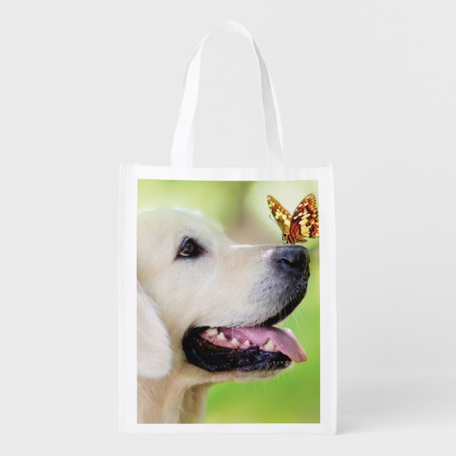 Labrador And Butterfly Throw Pillow Grocery Bag (Front)