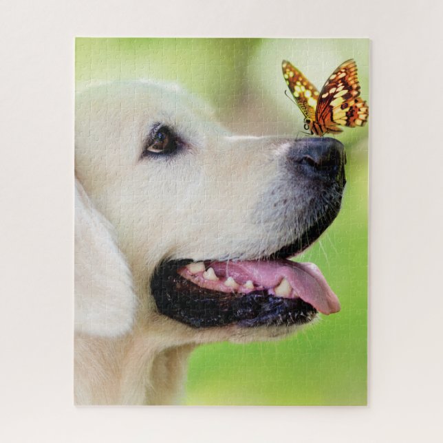 Labrador And Butterfly Throw Pillow Jigsaw Puzzle (Vertical)