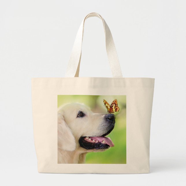 Labrador And Butterfly Throw Pillow Large Tote Bag (Front)